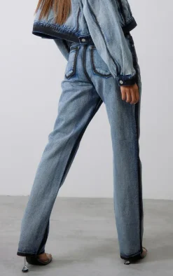 Online PrettyLittleThing Indigo Blue Wash Contrast Edge Washed Down Straight Leg Denim Jeans Washed Indigo