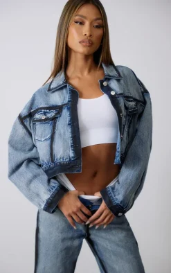 Sale PrettyLittleThing Indigo Blue Wash Contrast Edge Washed Down Cropped Denim Jacket Washed Indigo