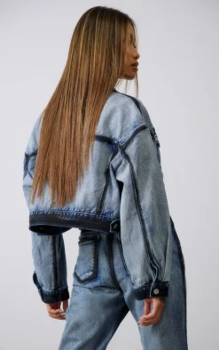 Sale PrettyLittleThing Indigo Blue Wash Contrast Edge Washed Down Cropped Denim Jacket Washed Indigo