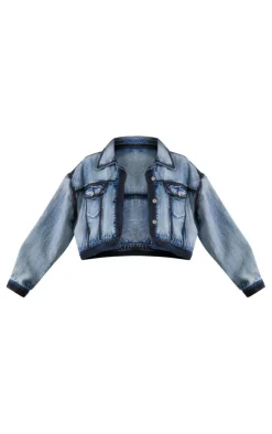 Sale PrettyLittleThing Indigo Blue Wash Contrast Edge Washed Down Cropped Denim Jacket Washed Indigo