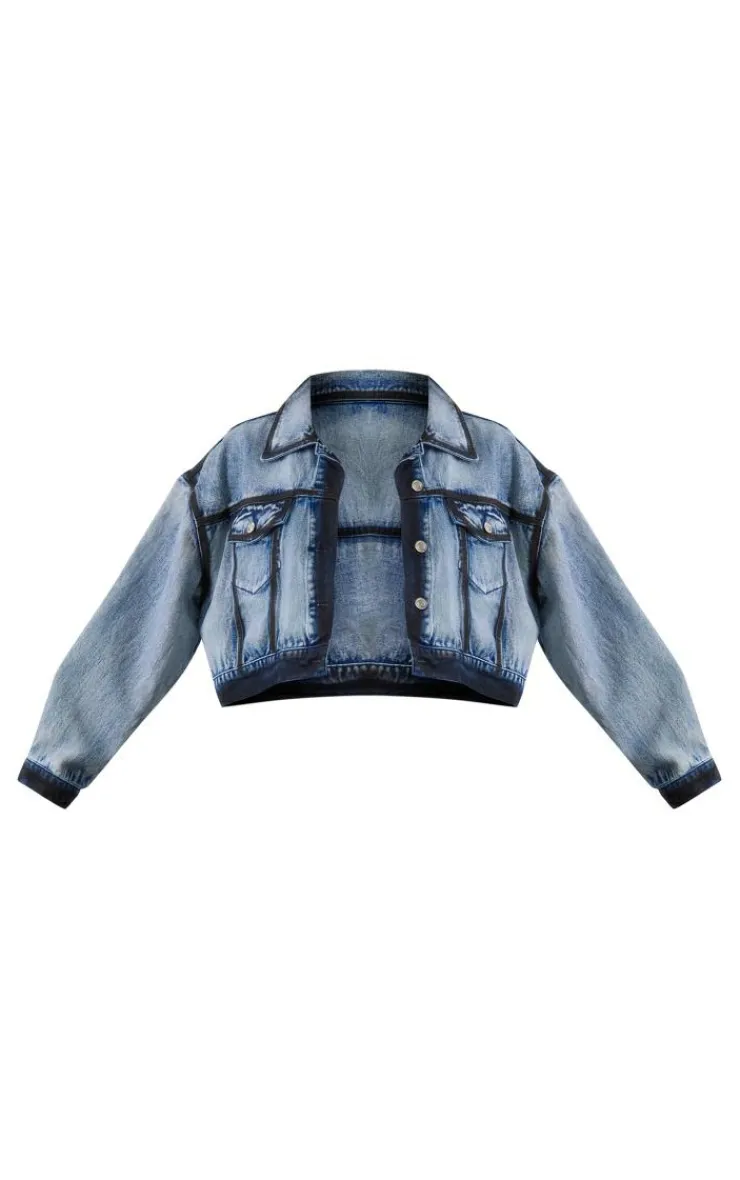 Sale PrettyLittleThing Indigo Blue Wash Contrast Edge Washed Down Cropped Denim Jacket Washed Indigo