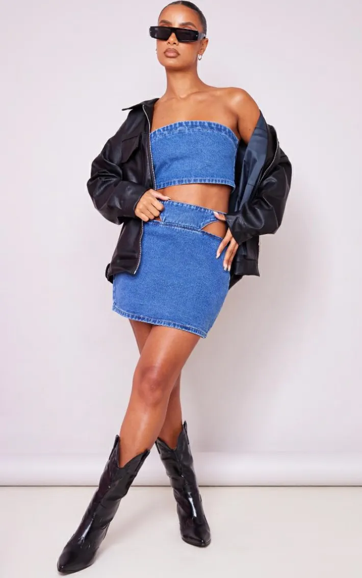 Indigo Blue Wash Cut Out Waistband Denim Mini Skirt