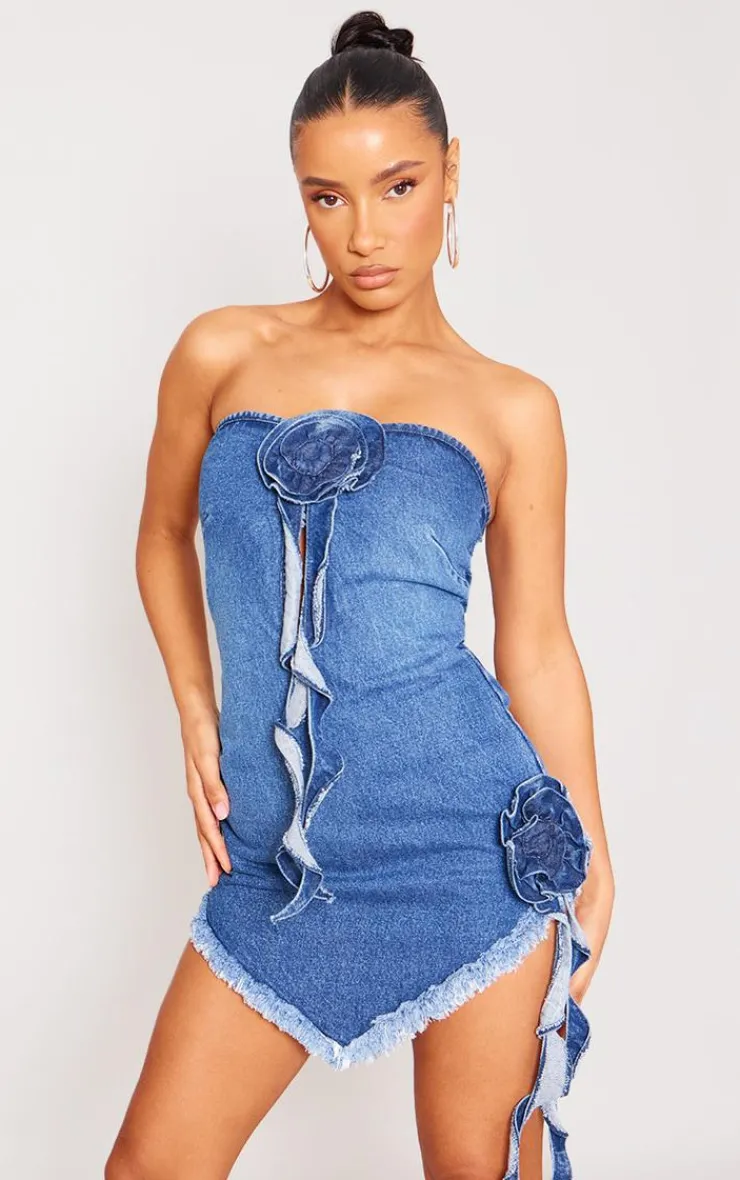 Flower Raw Hem Denim Mini Dress-PrettyLittleThing Sale