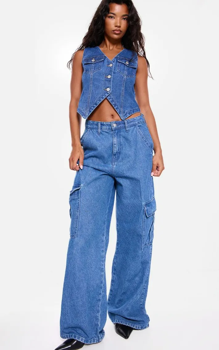 Indigo Blue Wash Halterneck Button Front Denim Vest
