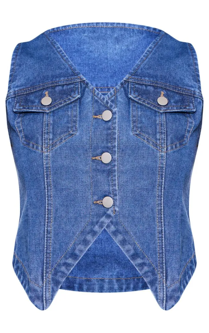Indigo Blue Wash Halterneck Button Front Denim Vest