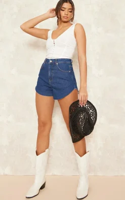 Indigo Blue Wash High Side Denim Mom Shorts