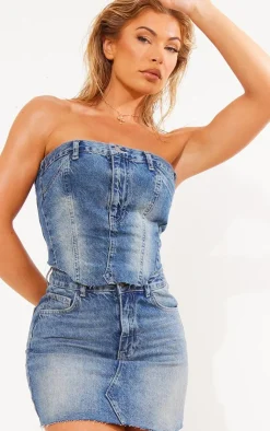 Sale PrettyLittleThing Jeans Waistband Denim Top Indigo Blue Wash