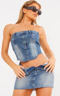 Sale PrettyLittleThing Jeans Waistband Denim Top Indigo Blue Wash