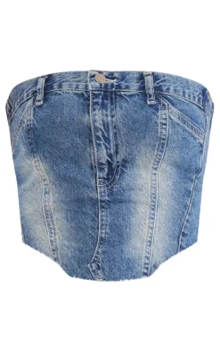 Sale PrettyLittleThing Jeans Waistband Denim Top Indigo Blue Wash