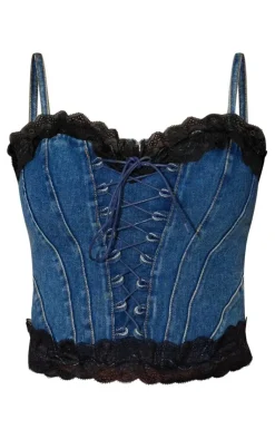 PrettyLittleThing Corsets*Lace Trim Denim Corset Top