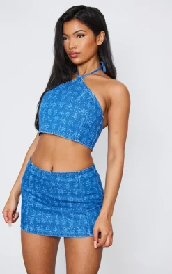 PrettyLittleThing Indigo Blue Wash Laser Print Denim Mini Skirt Washed Indigo