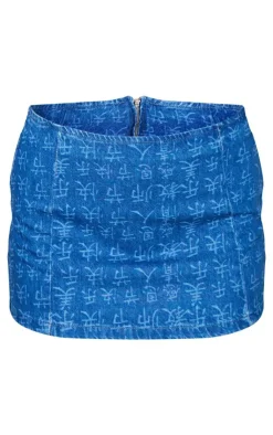PrettyLittleThing Indigo Blue Wash Laser Print Denim Mini Skirt Washed Indigo