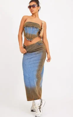 PrettyLittleThing Overdyed Denim Midi Skirt Indigo Blue Wash