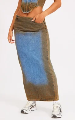 PrettyLittleThing Overdyed Denim Midi Skirt Indigo Blue Wash