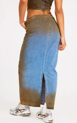 PrettyLittleThing Overdyed Denim Midi Skirt Indigo Blue Wash