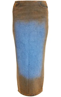 PrettyLittleThing Overdyed Denim Midi Skirt Indigo Blue Wash
