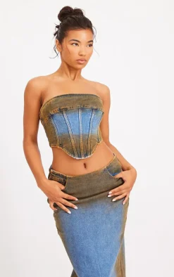 Sale PrettyLittleThing Overdyed Seam Detail Denim Corset Top Indigo Blue Wash
