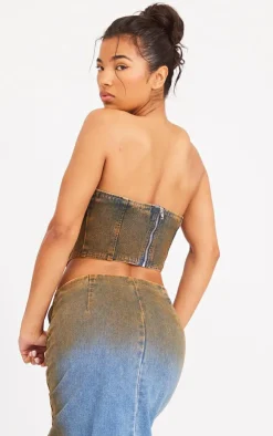 Sale PrettyLittleThing Overdyed Seam Detail Denim Corset Top Indigo Blue Wash
