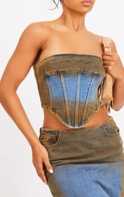 Sale PrettyLittleThing Overdyed Seam Detail Denim Corset Top Indigo Blue Wash