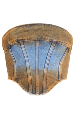 Sale PrettyLittleThing Overdyed Seam Detail Denim Corset Top Indigo Blue Wash