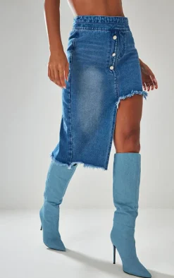New PrettyLittleThing Indigo Blue Wash Raw Hem Asymmetric Denim Midi Skirt Washed Indigo