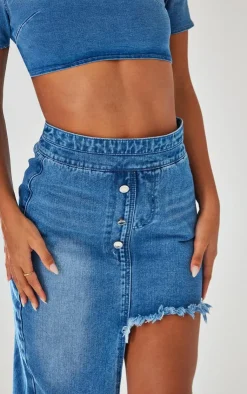 New PrettyLittleThing Indigo Blue Wash Raw Hem Asymmetric Denim Midi Skirt Washed Indigo