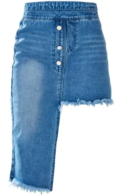 New PrettyLittleThing Indigo Blue Wash Raw Hem Asymmetric Denim Midi Skirt Washed Indigo