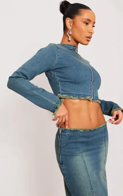 Online PrettyLittleThing Raw Hem Long Sleeve Denim Top Indigo Blue Wash