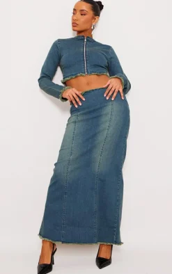 Online PrettyLittleThing Raw Hem Long Sleeve Denim Top Indigo Blue Wash