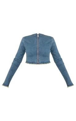 Online PrettyLittleThing Raw Hem Long Sleeve Denim Top Indigo Blue Wash