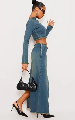 Discount PrettyLittleThing Raw Hem Denim Maxi Skirt Indigo Blue Wash