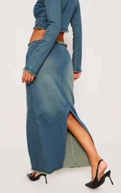 Discount PrettyLittleThing Raw Hem Denim Maxi Skirt Indigo Blue Wash