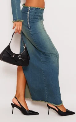 Discount PrettyLittleThing Raw Hem Denim Maxi Skirt Indigo Blue Wash