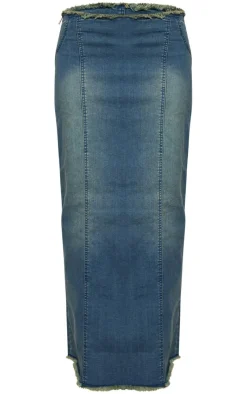 Discount PrettyLittleThing Raw Hem Denim Maxi Skirt Indigo Blue Wash