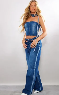 Discount PrettyLittleThing Washed Down Distressed Look Bandeau Denim Top Indigo Blue Wash