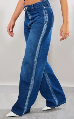 New PrettyLittleThing Washed Down Distressed Look Wide Leg Jeans Indigo Blue Wash