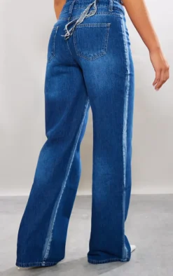 New PrettyLittleThing Washed Down Distressed Look Wide Leg Jeans Indigo Blue Wash