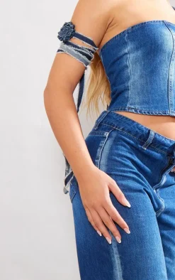New PrettyLittleThing Washed Down Distressed Look Wide Leg Jeans Indigo Blue Wash
