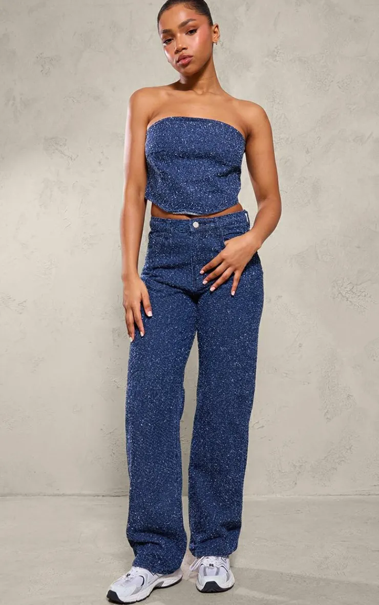 Best PrettyLittleThing Bobble Denim Corset Crop Top Indigo