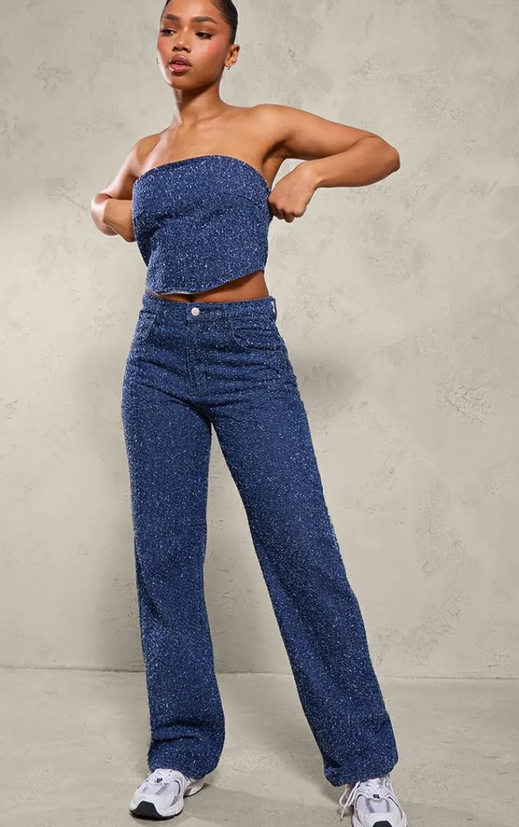 Best PrettyLittleThing Bobble Denim High Waist Wide Leg Jean Indigo
