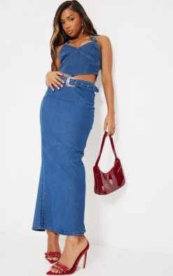 Best PrettyLittleThing Buckle Detail Denim Maxi Skirt Indigo