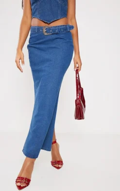 Best PrettyLittleThing Buckle Detail Denim Maxi Skirt Indigo