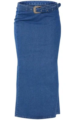 Best PrettyLittleThing Buckle Detail Denim Maxi Skirt Indigo