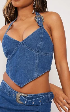 Best PrettyLittleThing Buckle Detail Halterneck Crop Denim Top Indigo