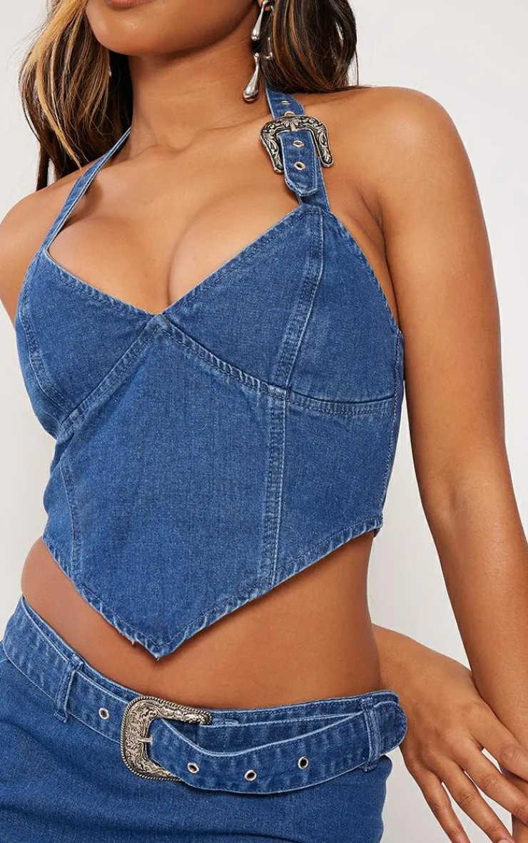 Best PrettyLittleThing Buckle Detail Halterneck Crop Denim Top Indigo