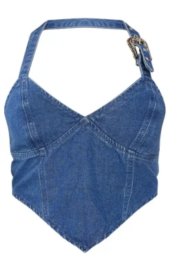 Best PrettyLittleThing Buckle Detail Halterneck Crop Denim Top Indigo