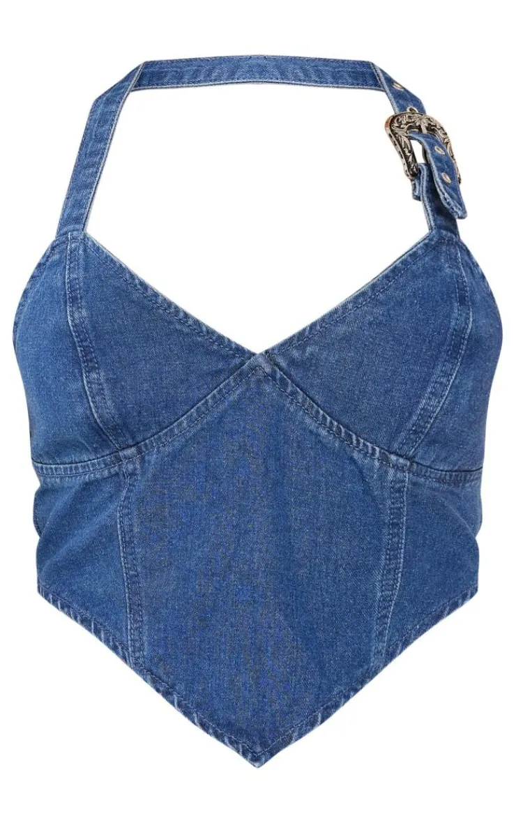Best PrettyLittleThing Buckle Detail Halterneck Crop Denim Top Indigo