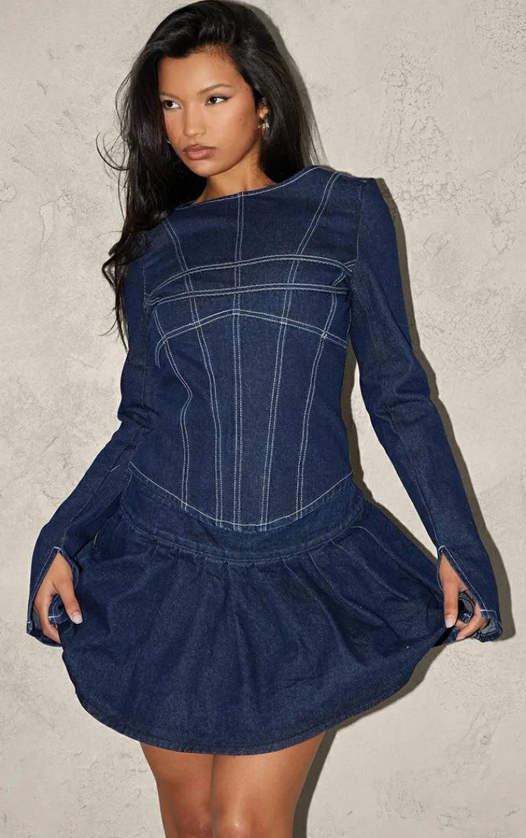 Online PrettyLittleThing Corset Seam Detail Long Sleeve Denim Crop Top Indigo