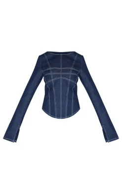 Online PrettyLittleThing Corset Seam Detail Long Sleeve Denim Crop Top Indigo