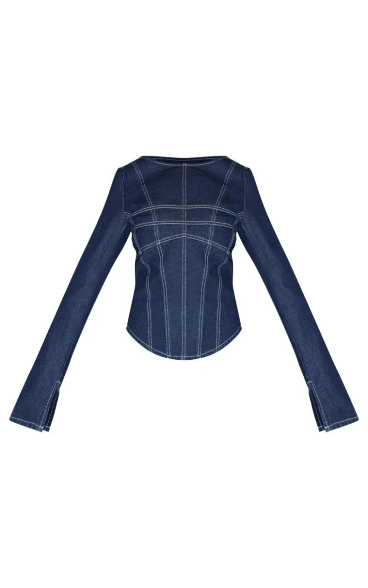 Online PrettyLittleThing Corset Seam Detail Long Sleeve Denim Crop Top Indigo